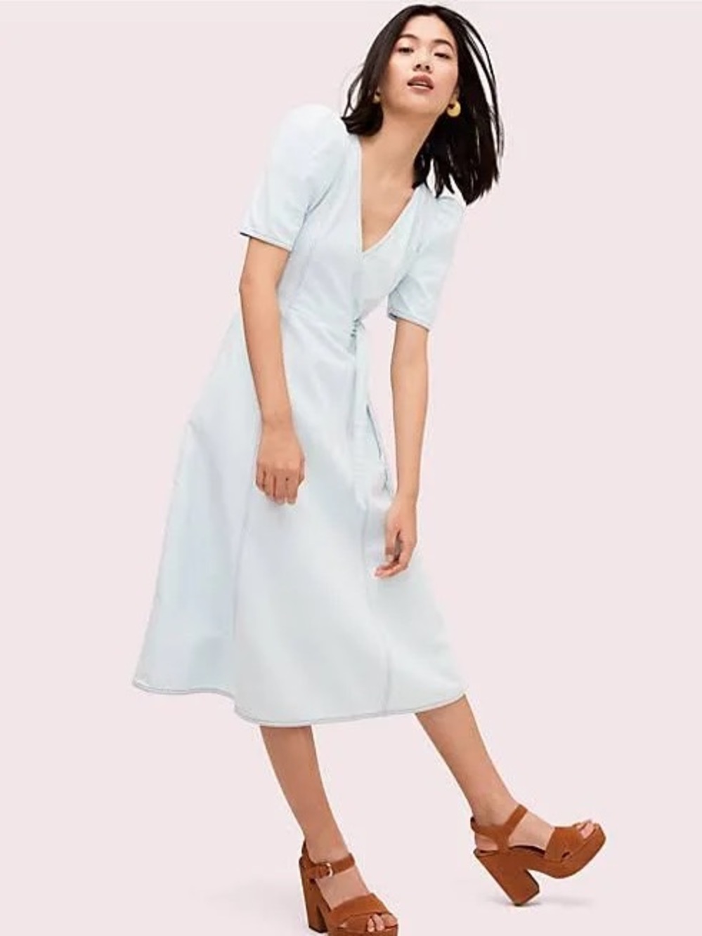 Kate Spade Puff-Sleeve Midi Dress in Light Blue